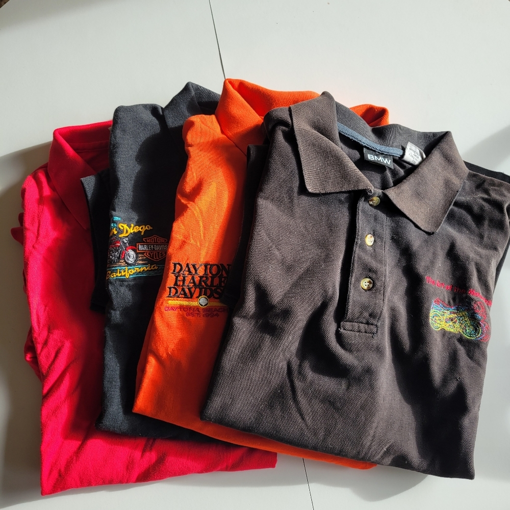 3 Harley & 1 BMW polo style cotton shirts excellent little worn...2 Harley towel